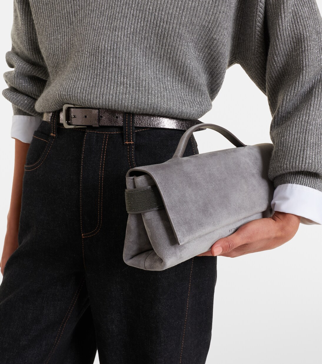 Bolso Small de ante con cuentas Monili | Brunello Cucinelli