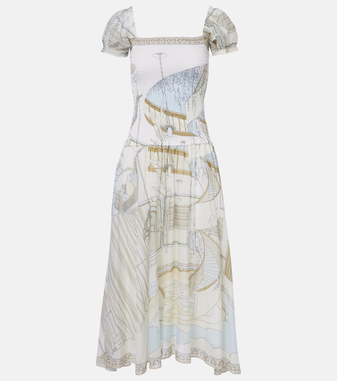 Printed shirred silk and cotton midi dress | Tory Burch