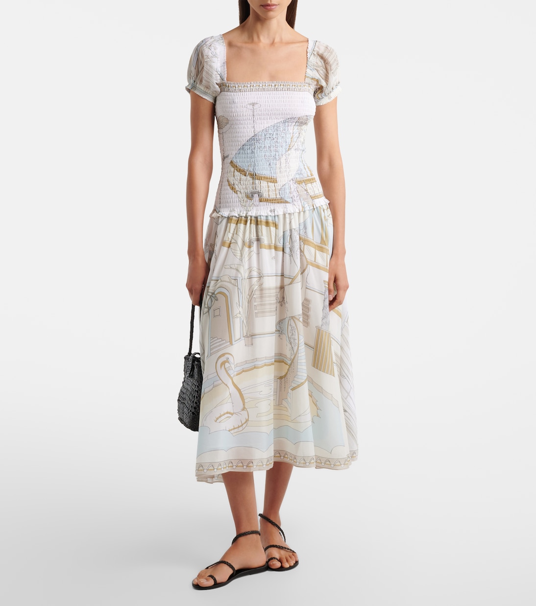 Printed shirred silk and cotton midi dress | Tory Burch
