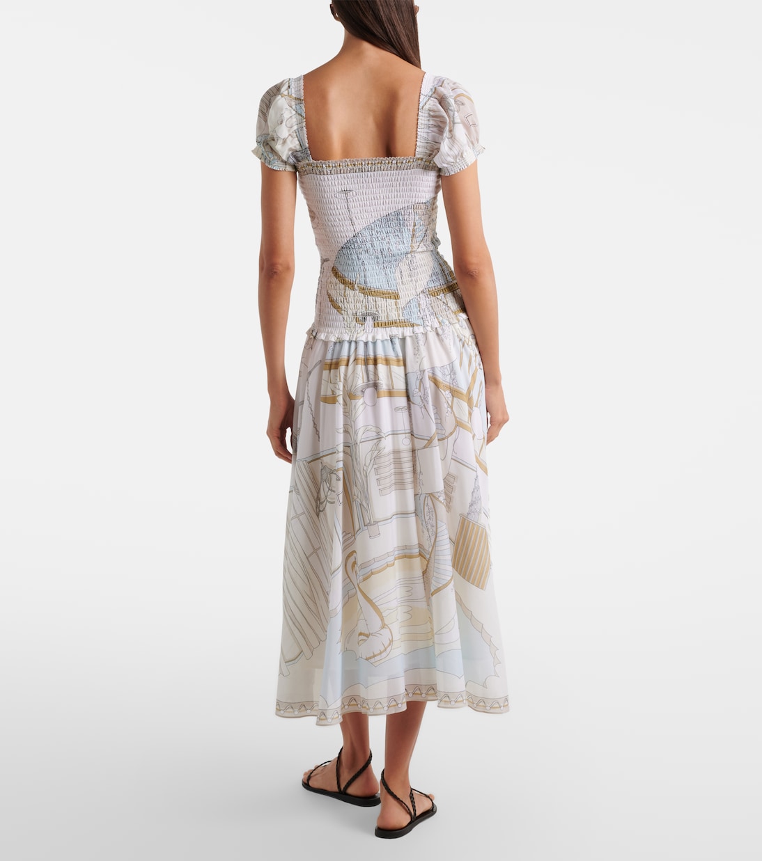 Printed shirred silk and cotton midi dress | Tory Burch