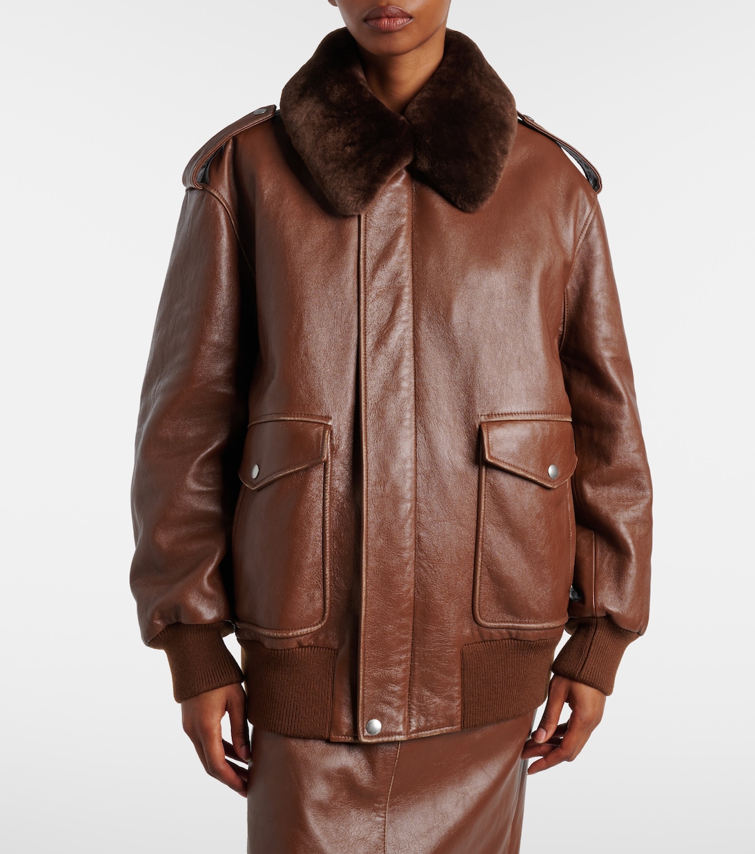 Shearling-trimmed leather bomber jacket | Prada