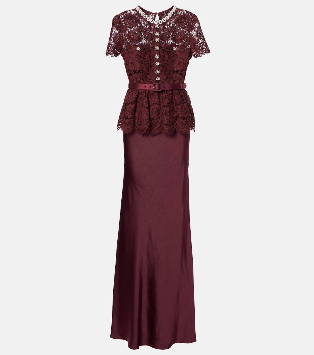 Belted lace and satin maxi dress  | Self-Portrait