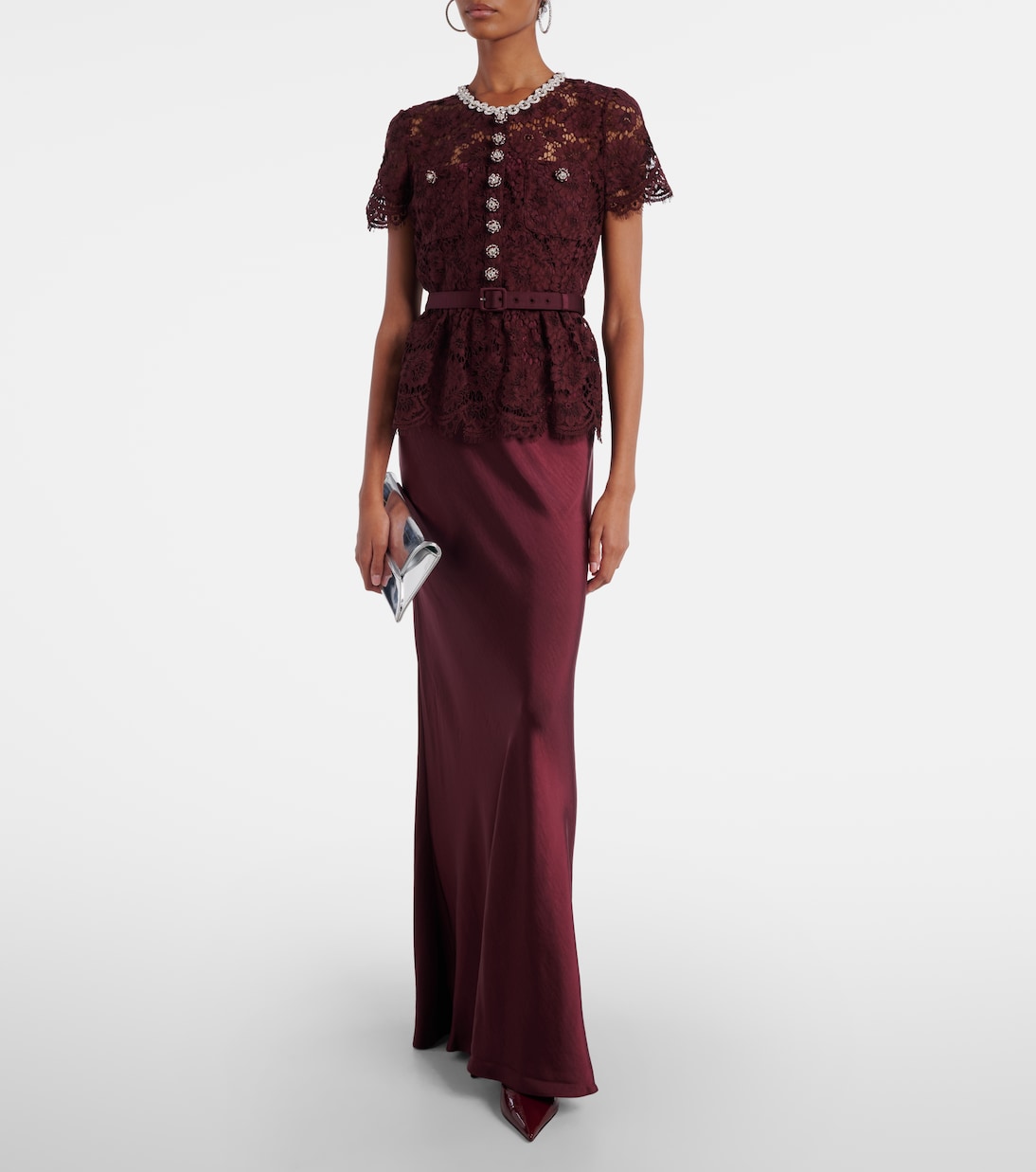 Belted lace and satin maxi dress  | Self-Portrait