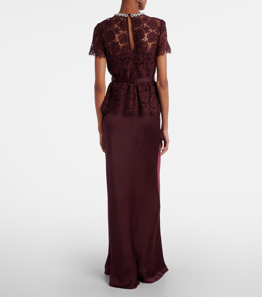 Belted lace and satin maxi dress  | Self-Portrait