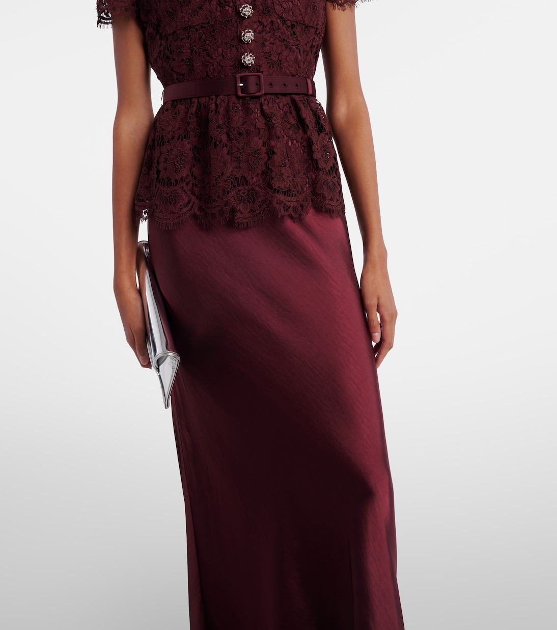 Belted lace and satin maxi dress  | Self-Portrait