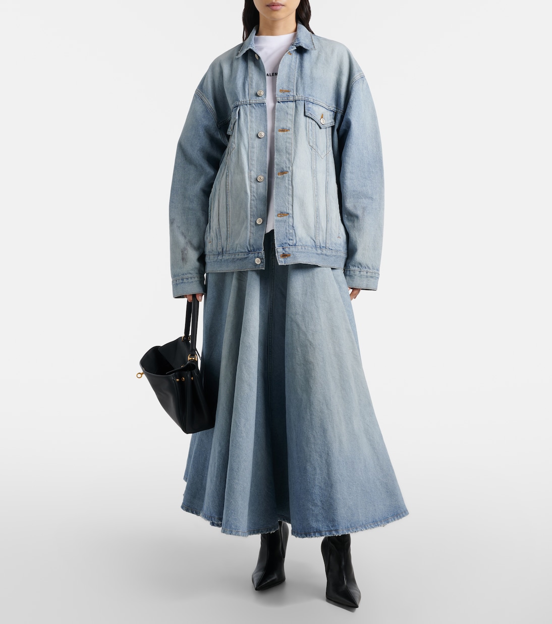 褶裥牛仔布中长半身裙 | Balenciaga