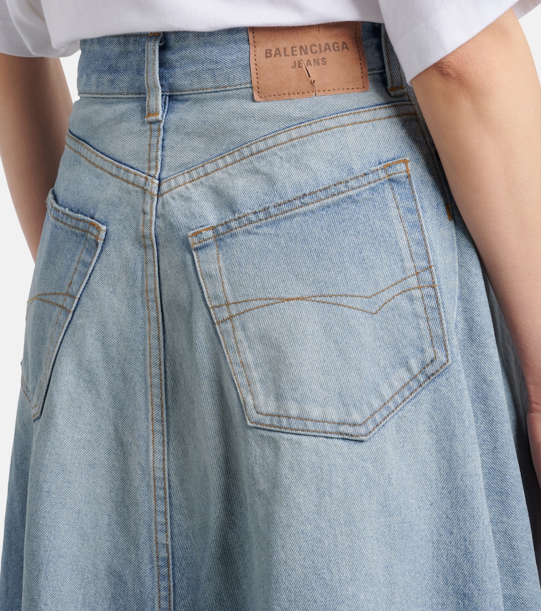 褶裥牛仔布中长半身裙 | Balenciaga