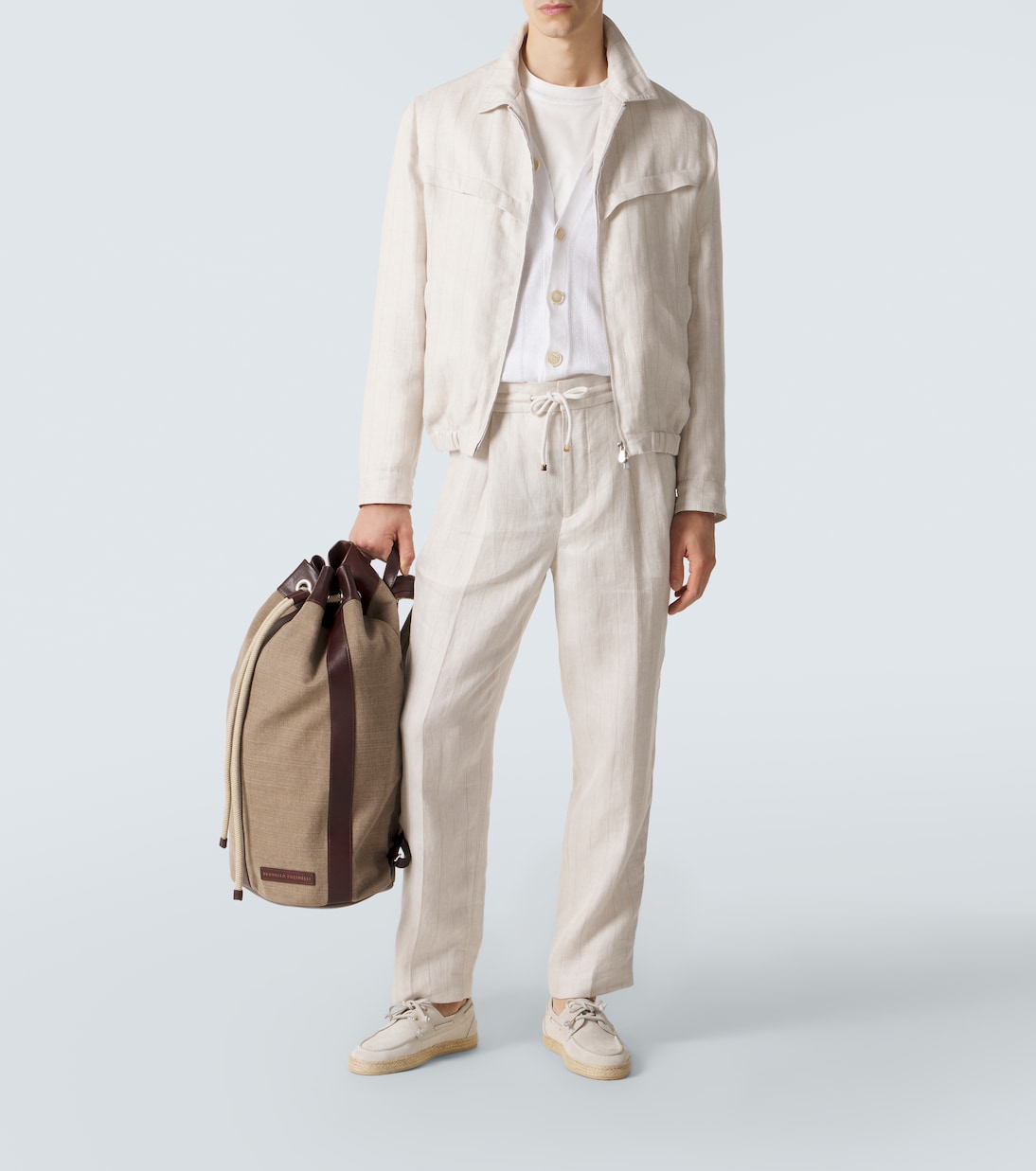Striped linen and cotton straight pants | Brunello Cucinelli