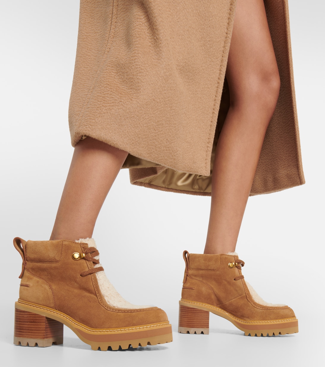 Shearling-trimmed suede ankle boots | See By Chloé