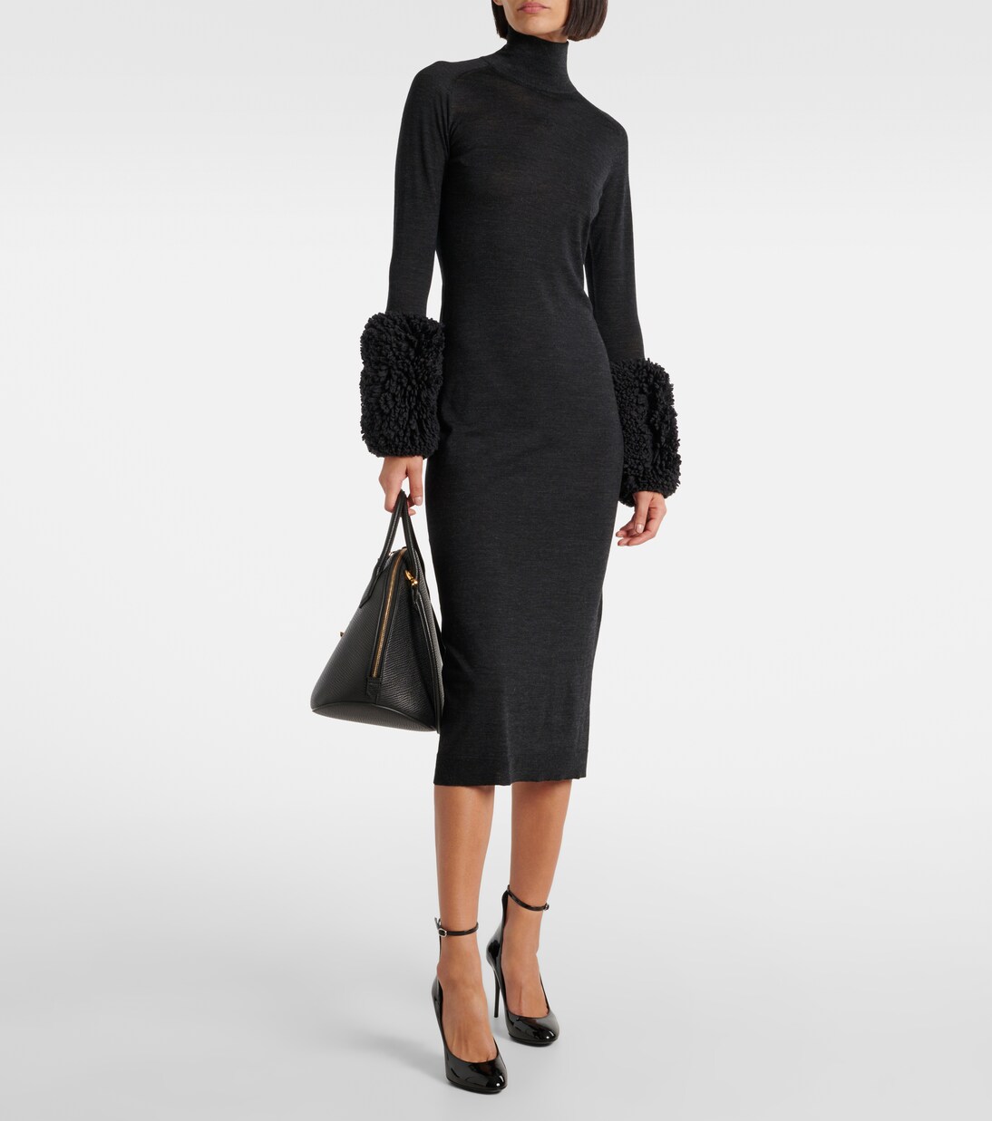 Robe midi en laine vierge et shearling synthétique | Alaïa