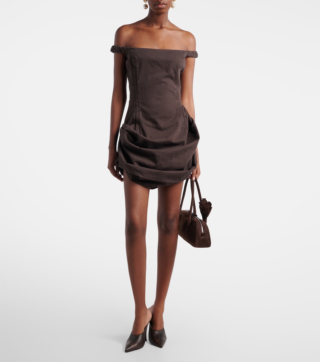 Gathered off-shoulder denim minidress | Magda Butrym
