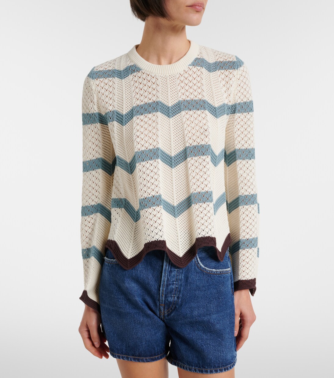 Chevron crochet cropped cotton sweater | La DoubleJ