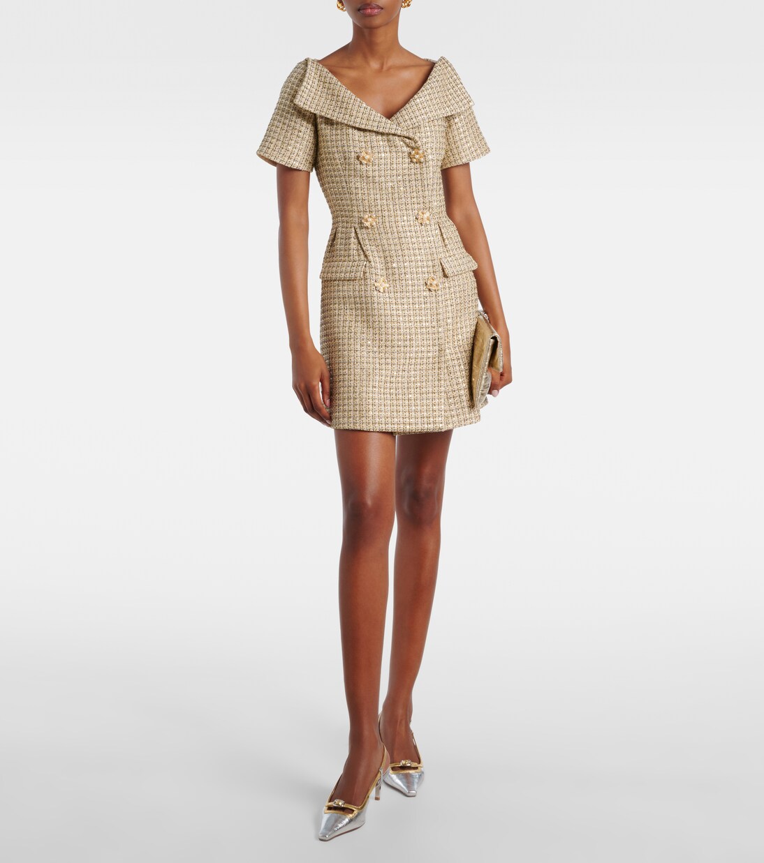 Miniabito in bouclé con scollo bardot | Self-Portrait