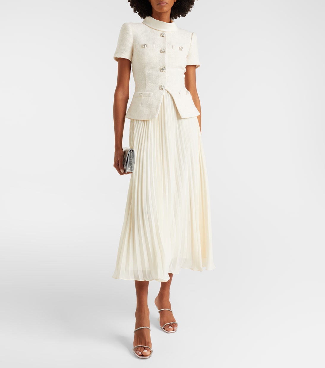 Pleated bouclé chiffon midi dress | Self-Portrait