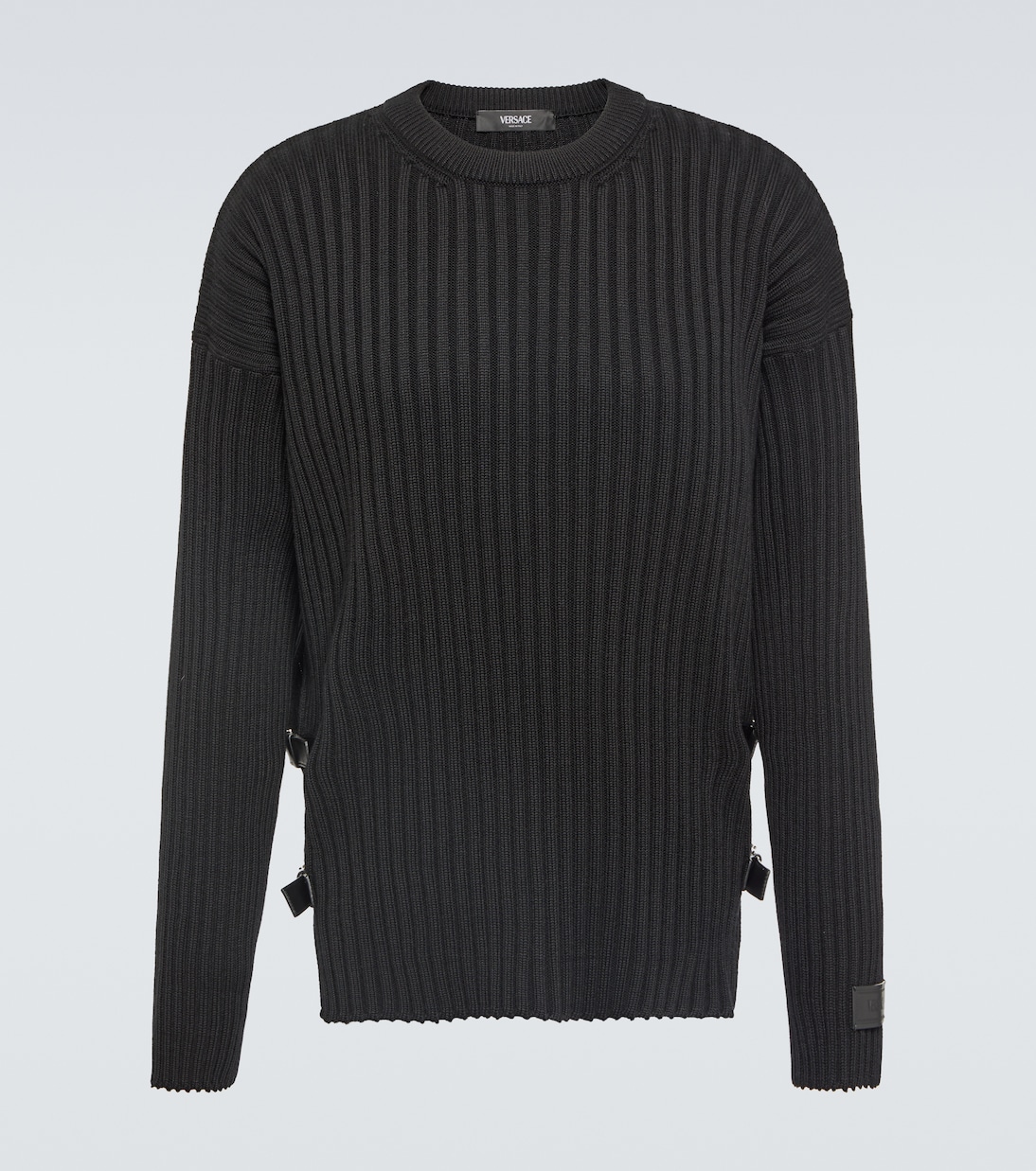 Leather-trimmed knit wool sweater | Versace