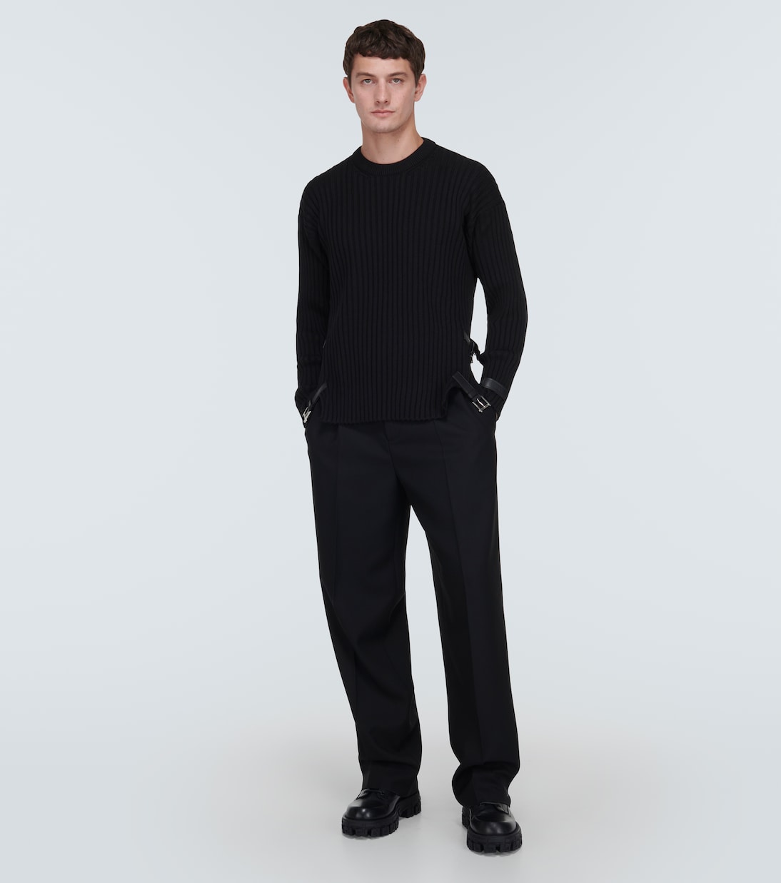 Leather-trimmed knit wool sweater | Versace