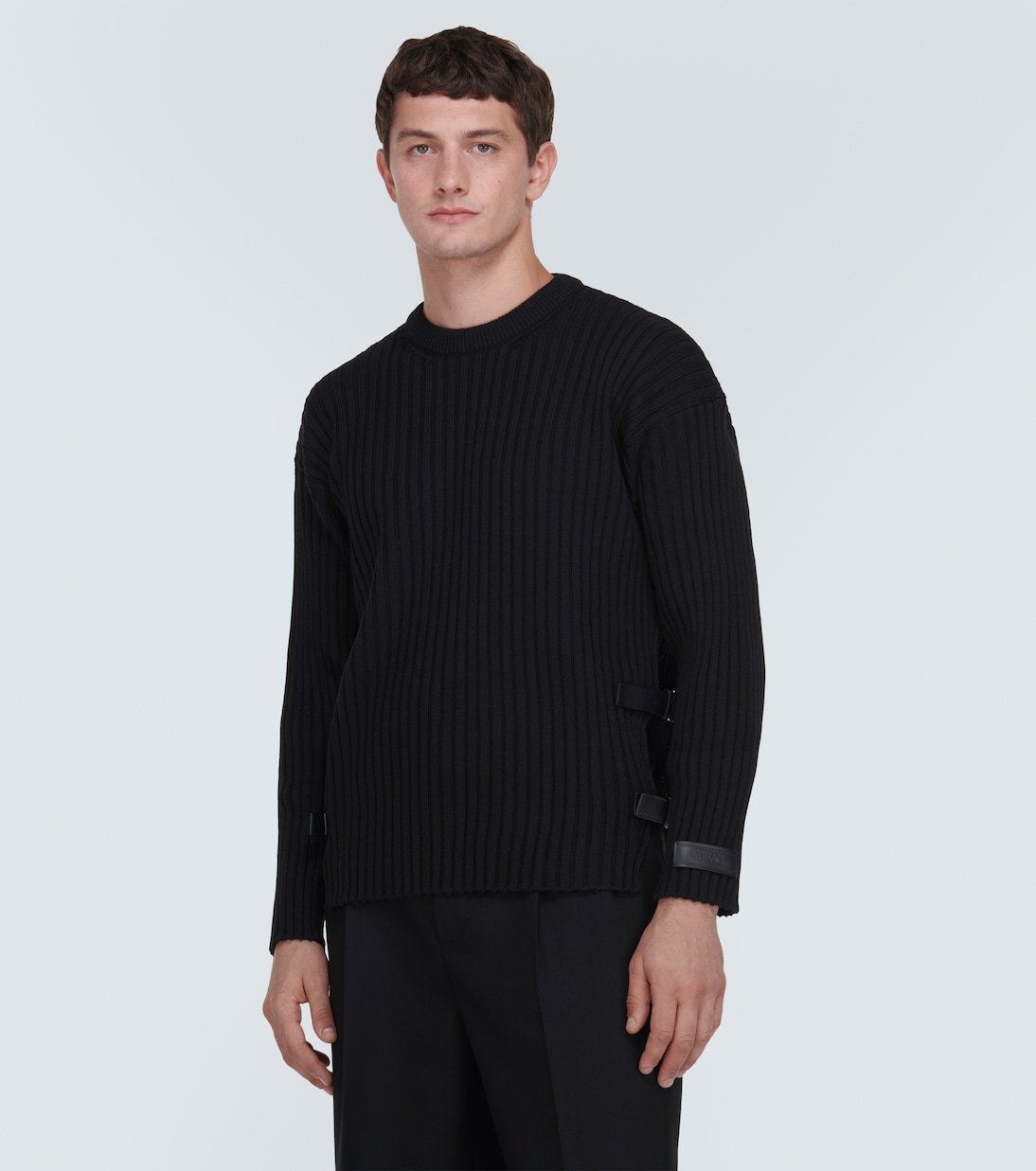 Leather-trimmed knit wool sweater | Versace