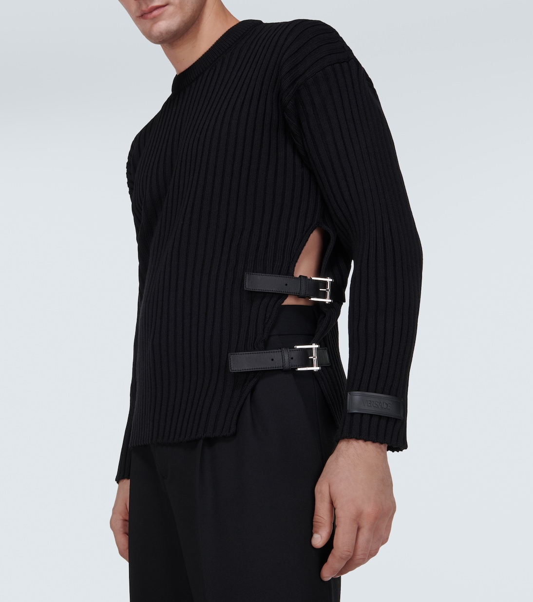 Leather-trimmed knit wool sweater | Versace