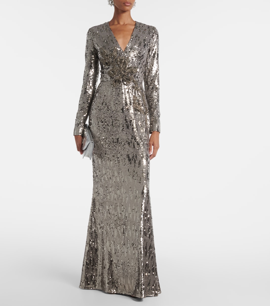 Floral-appliqué sequined silk-blend gown | Elie Saab