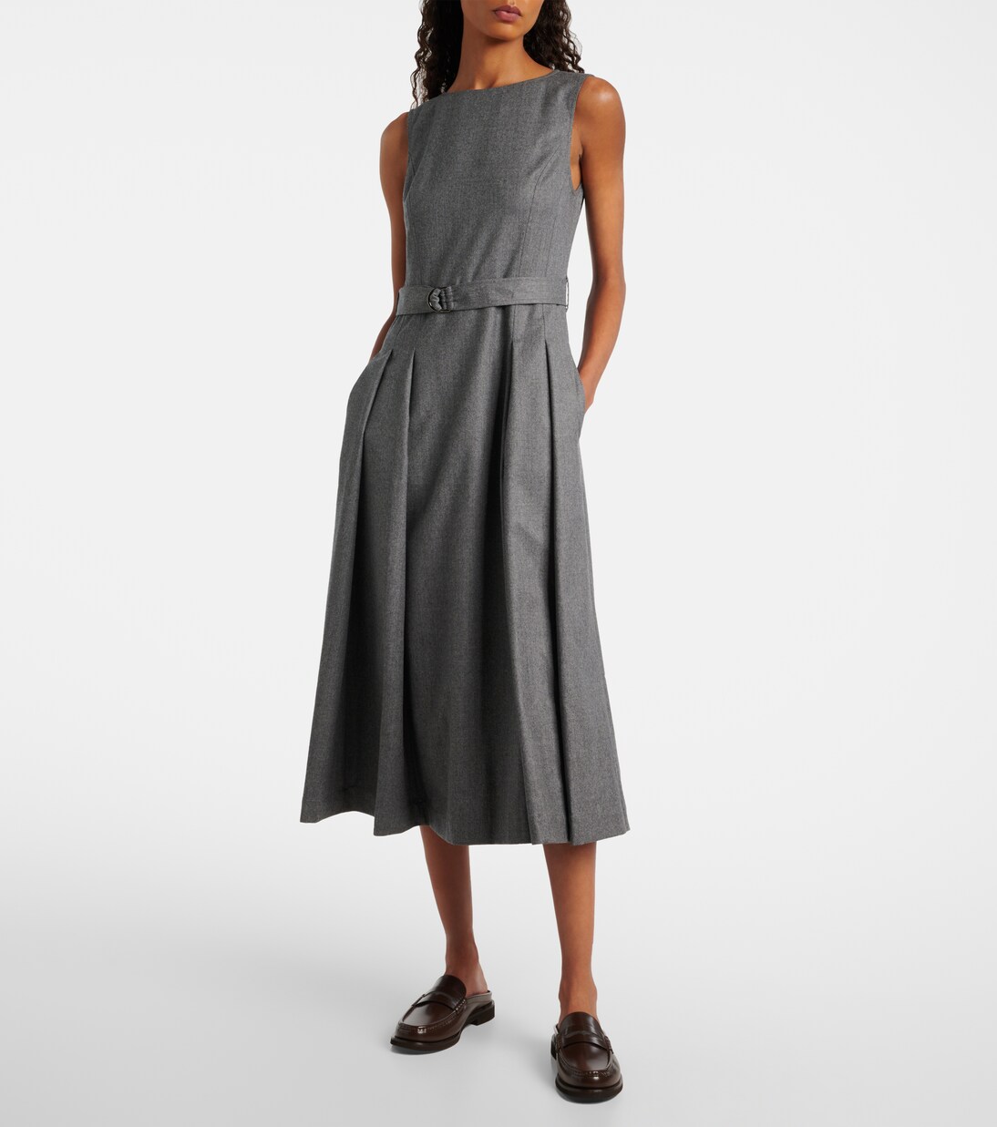 Vestido midi de lana virgen con cinturón | Brunello Cucinelli