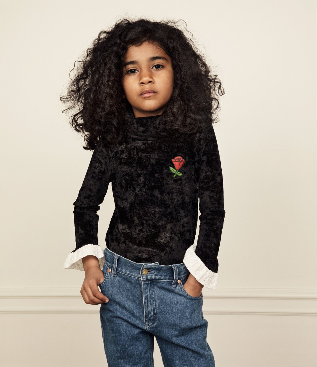 Embroidered high-neck velour top | Mini Rodini