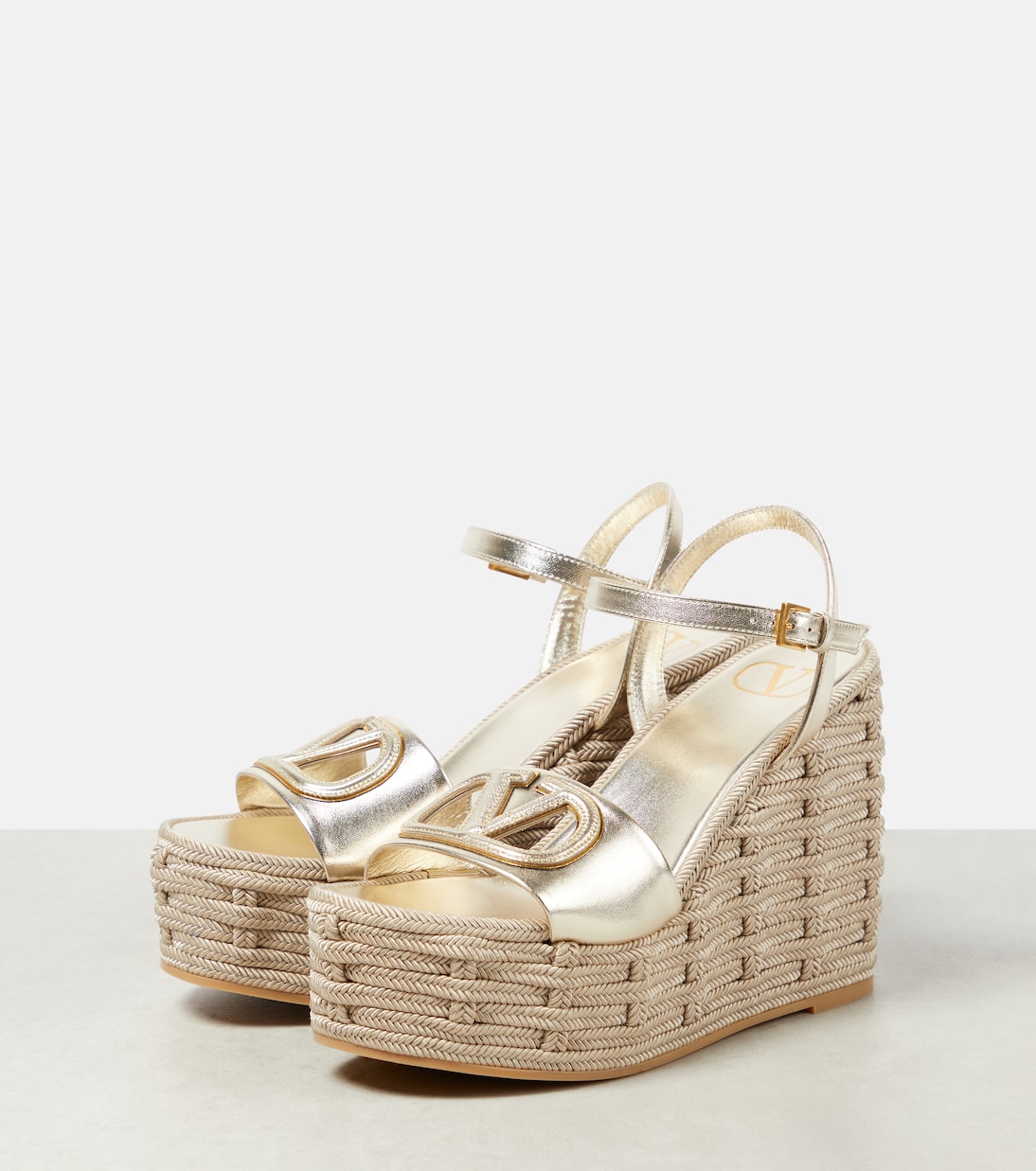 VLogo cutout metallic leather espadrille wedges | Valentino Garavani