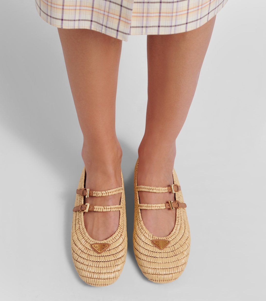 Crochet leather-trimmed Mary Jane flats | Prada