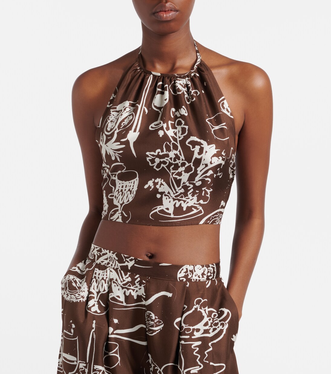 Bello printed halterneck silk crop top | Asceno