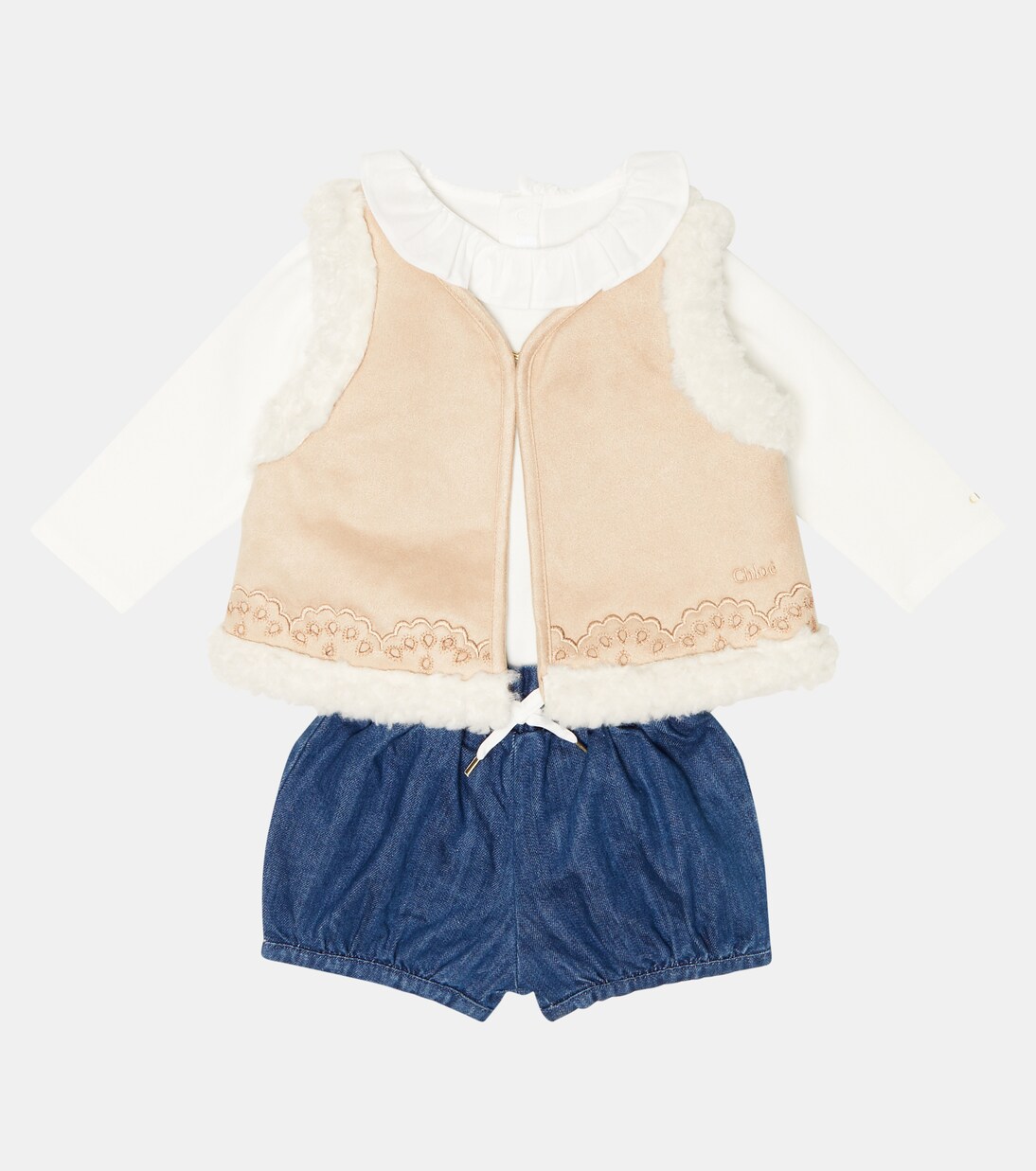 Baby - Body, gilet e shorts in misto cotone | Chloé Kids