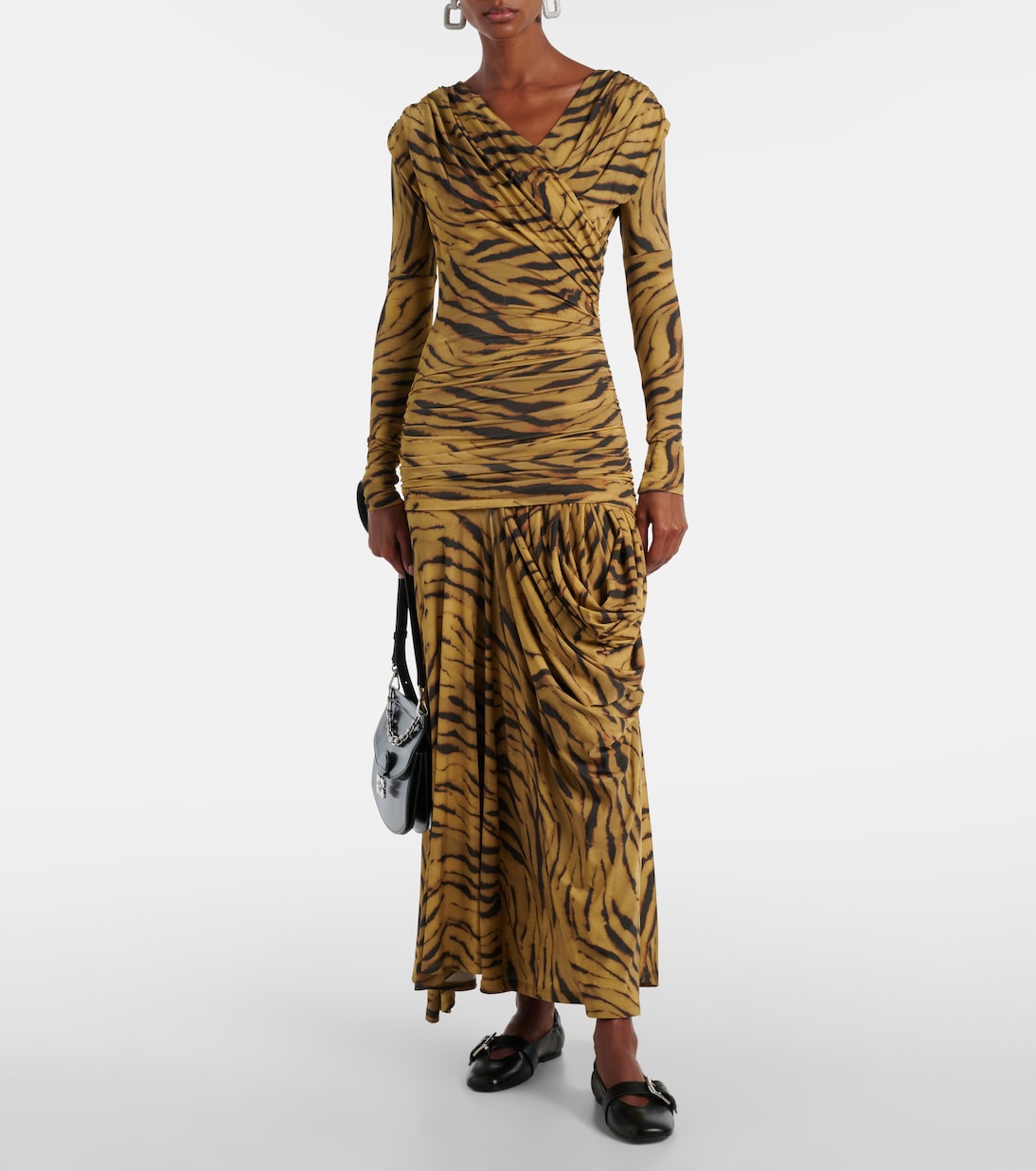 Asymmetric draped tiger-print maxi dress | Ganni