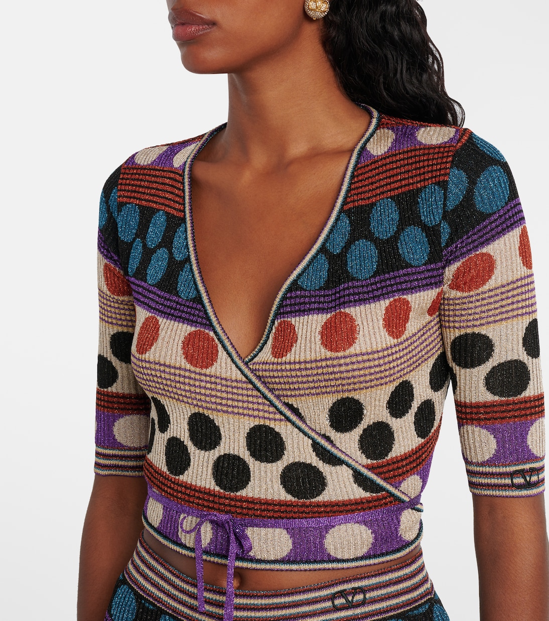 Polka-dot jacquard lamé wrap top | Valentino