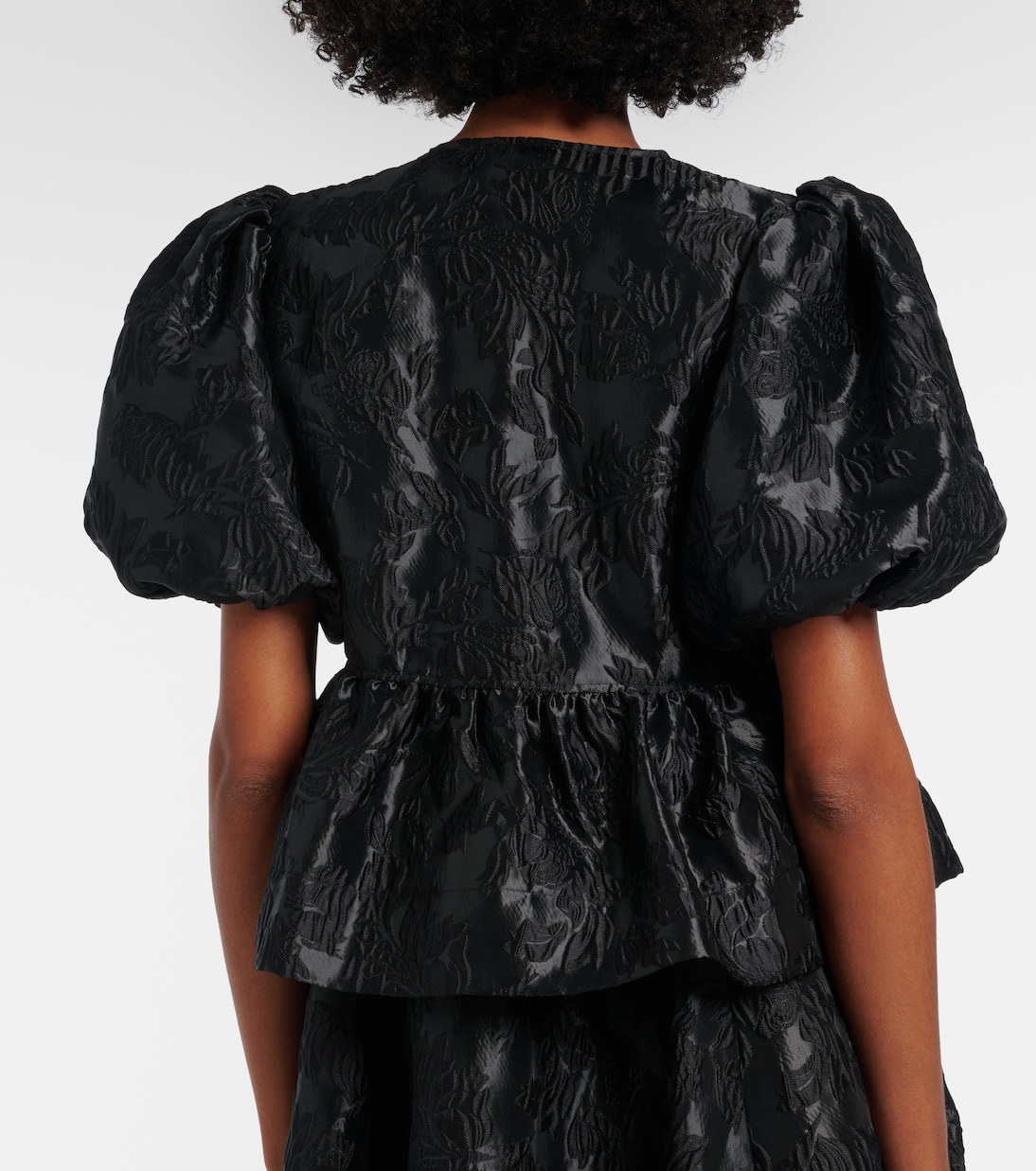 Bow-detail floral peplum satin blouse | Ganni