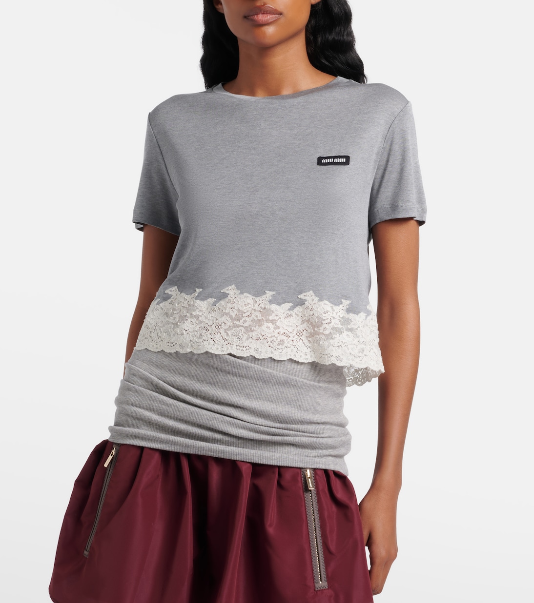 Lace-trimmed silk jersey crop top | Miu Miu