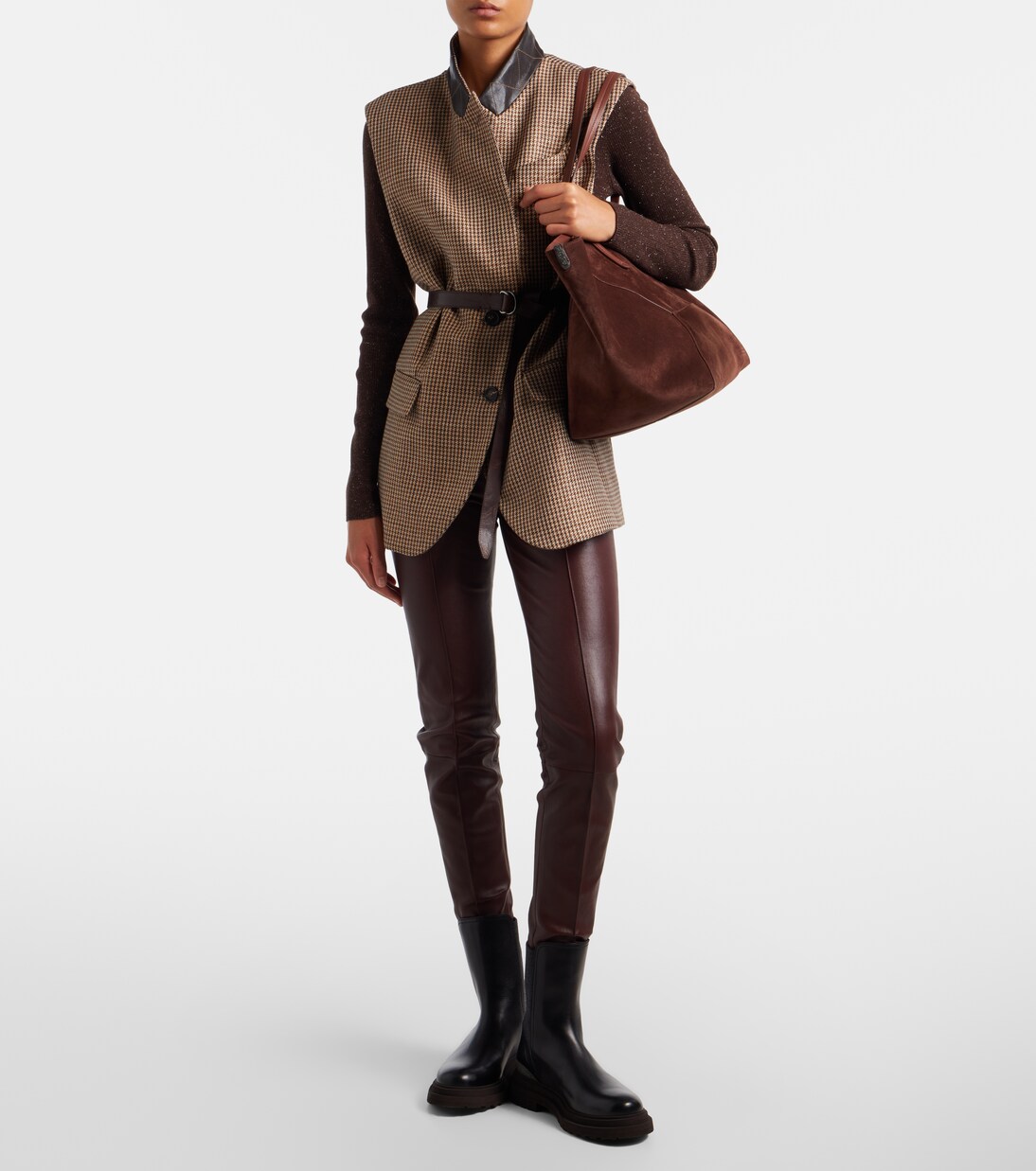 Pantalones slim de piel con lana | Brunello Cucinelli