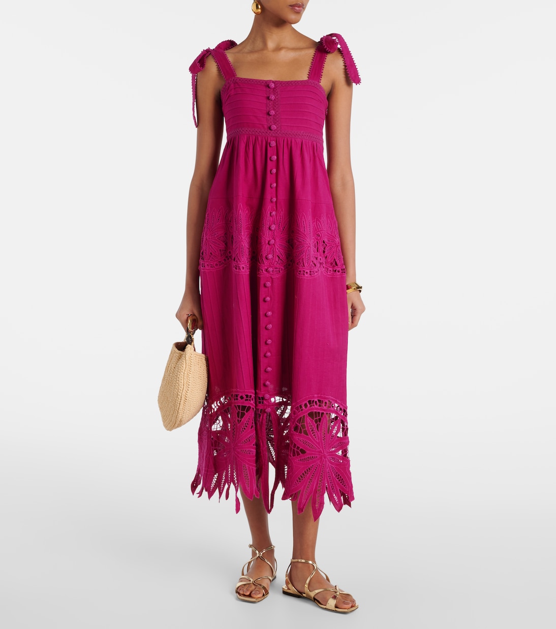 Robe midi brodée en coton et lin | Farm Rio