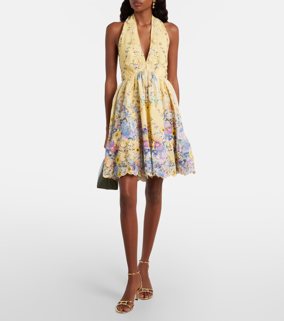 Embellished floral halterneck linen minidress | Camilla