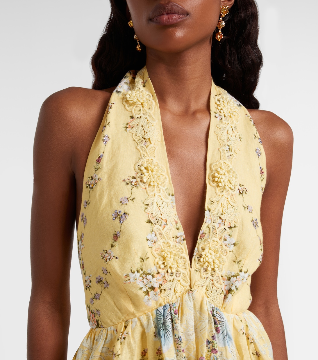 Embellished floral halterneck linen minidress | Camilla