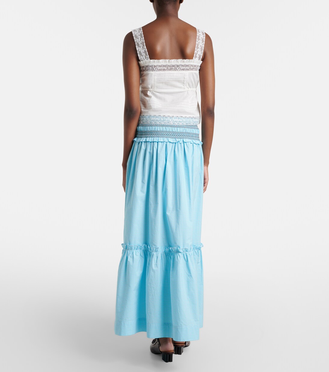 Embroidered gingham cotton poplin maxi skirt | Ganni