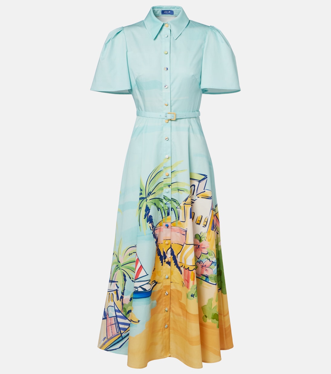 Printed belted cotton shirt dress | Leo Lin