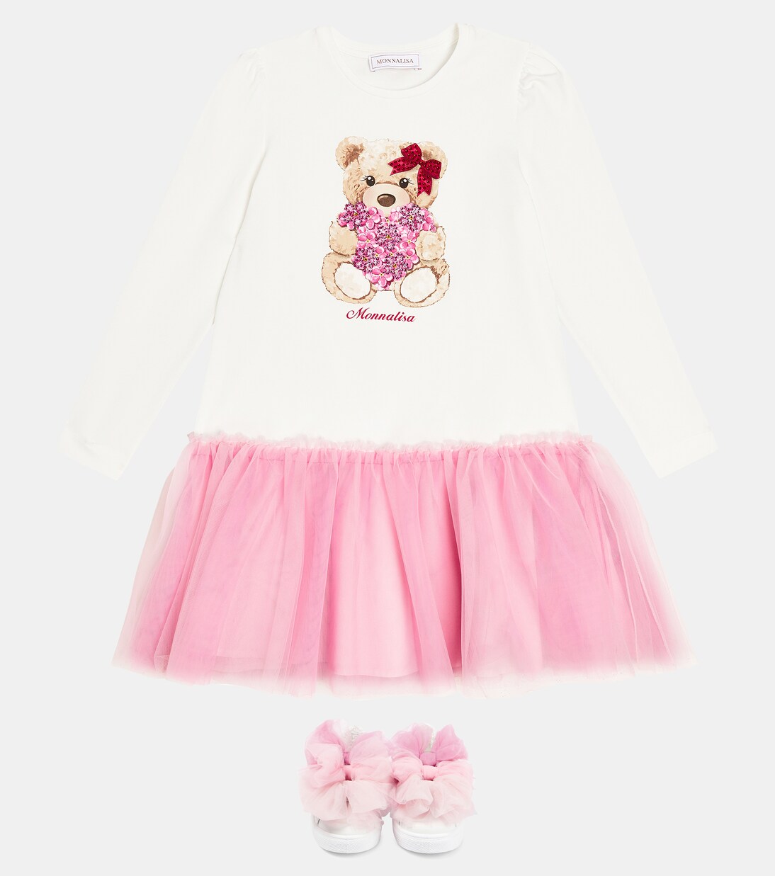 Tulle-trimmed printed cotton dress | Monnalisa