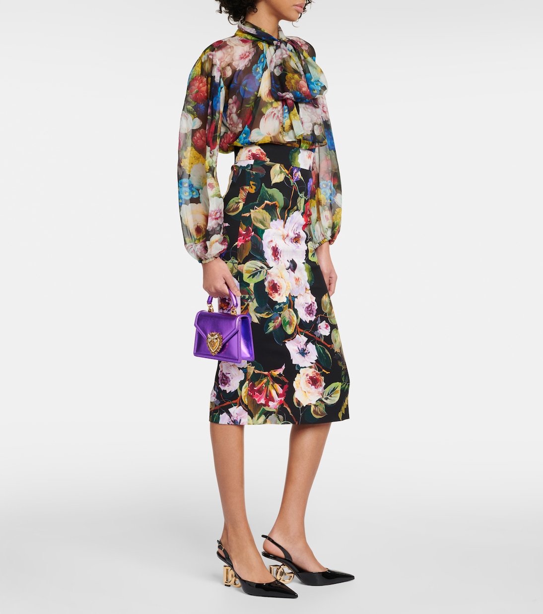 Midirock Rose Garden aus Charmeuse | Dolce&Gabbana