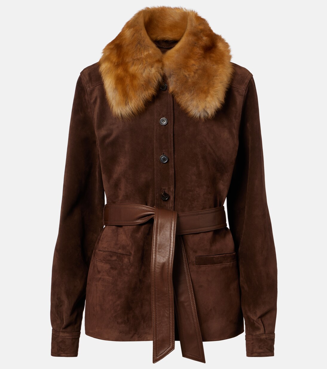 Belted shearling-trimmed suede jacket | Saint Laurent
