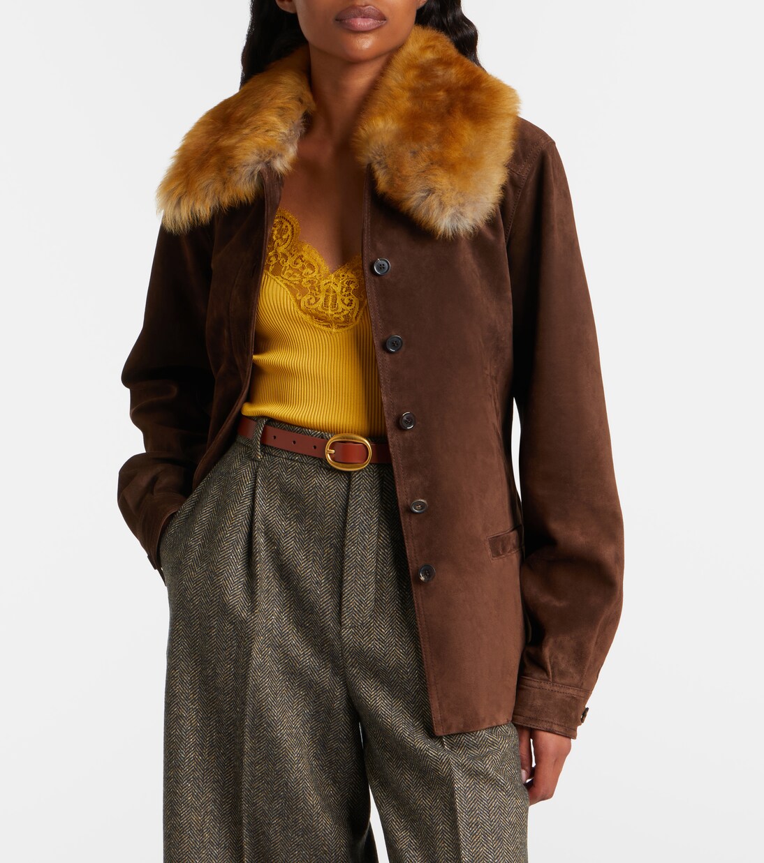 Belted shearling-trimmed suede jacket | Saint Laurent