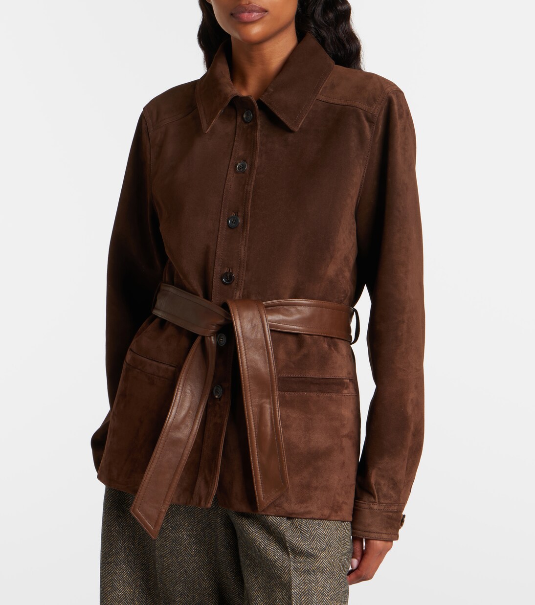 Belted shearling-trimmed suede jacket | Saint Laurent
