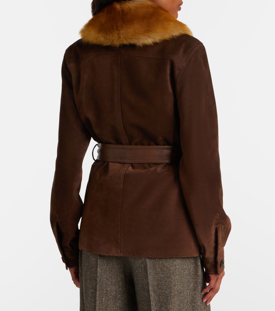 Belted shearling-trimmed suede jacket | Saint Laurent
