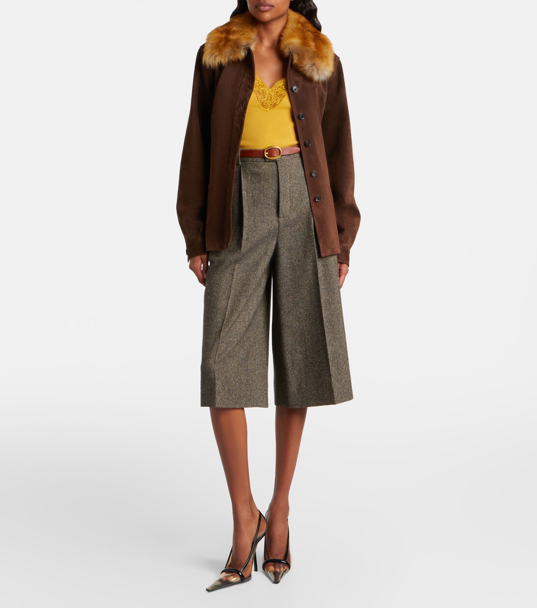 Belted shearling-trimmed suede jacket | Saint Laurent