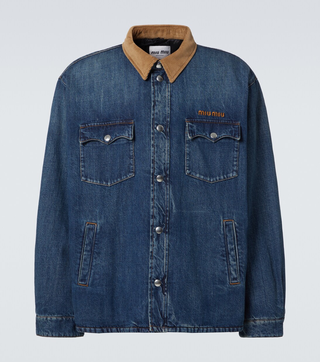 Corduroy-trimmed denim down jacket  | Miu Miu