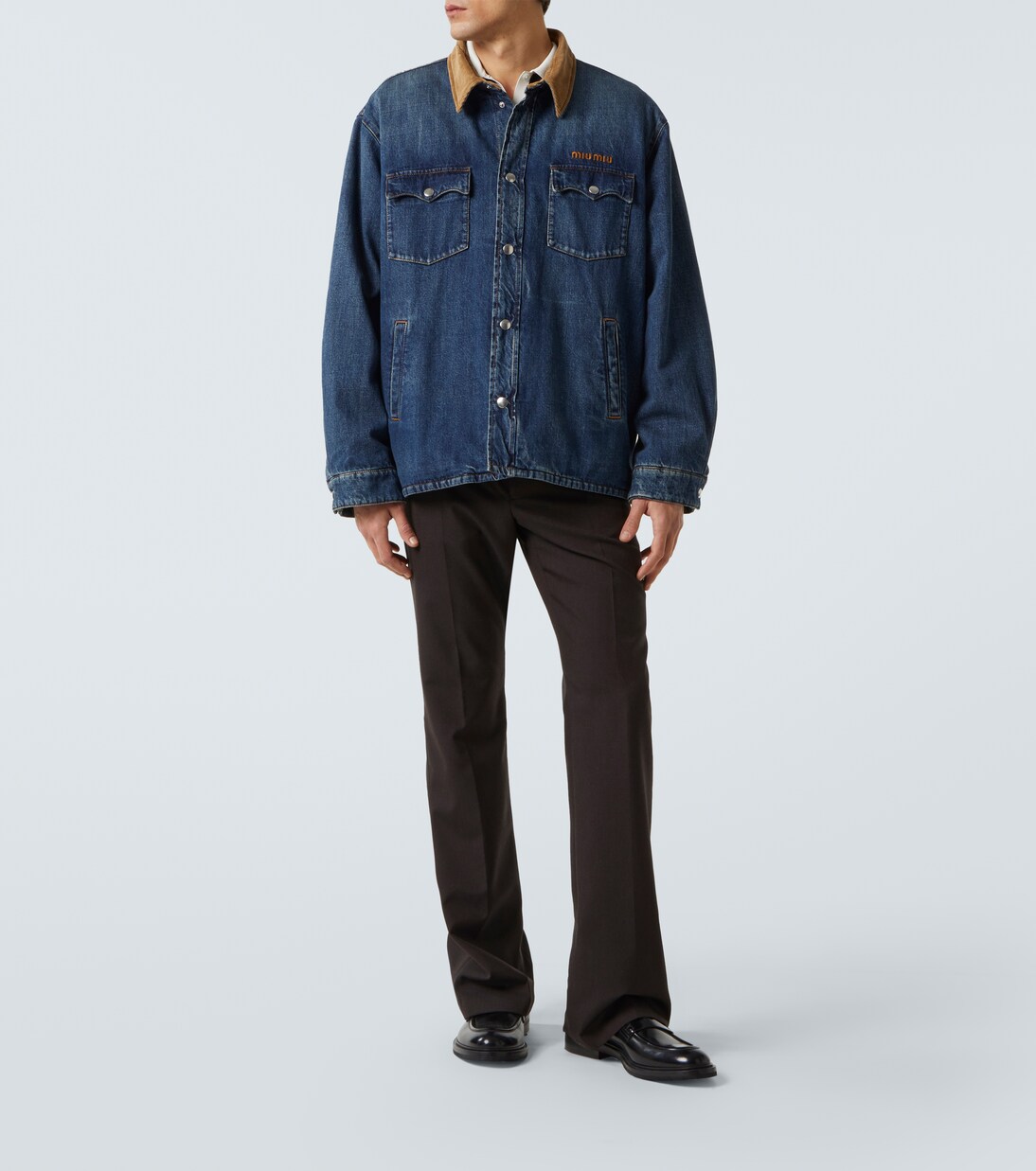 Corduroy-trimmed denim down jacket  | Miu Miu