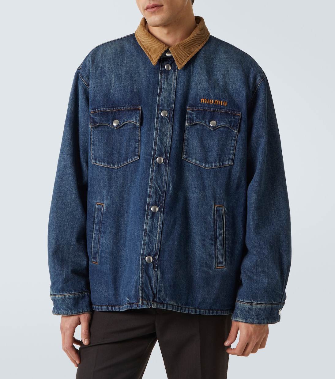 Corduroy-trimmed denim down jacket  | Miu Miu