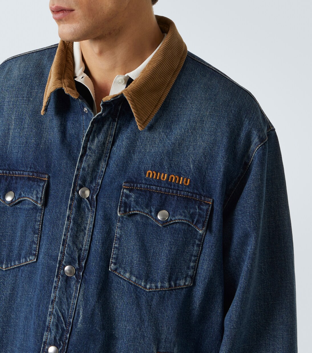 Corduroy-trimmed denim down jacket  | Miu Miu